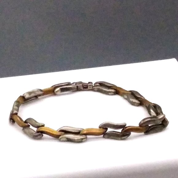 Vintage Mexico Sterling Silver and Copper Links Bracelet, Modernist Skinny Chunk - Picture 1 of 5